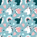 cute vector seamless pattern with hand drawn unicorns, rainbows and hearts on a blue background Royalty Free Stock Photo